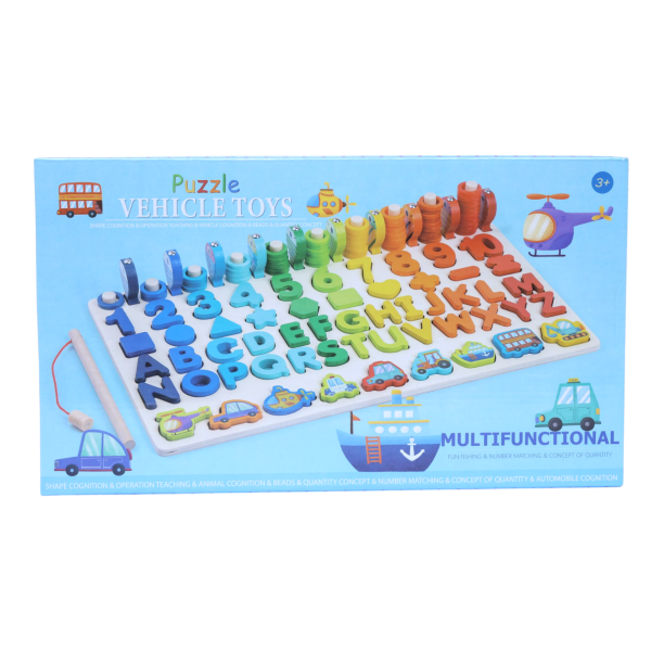 Multifunctional Wooden Puzzle Board – Alphabet, Numbers & Vehicle Learning Game for Kids (Ages 3+)